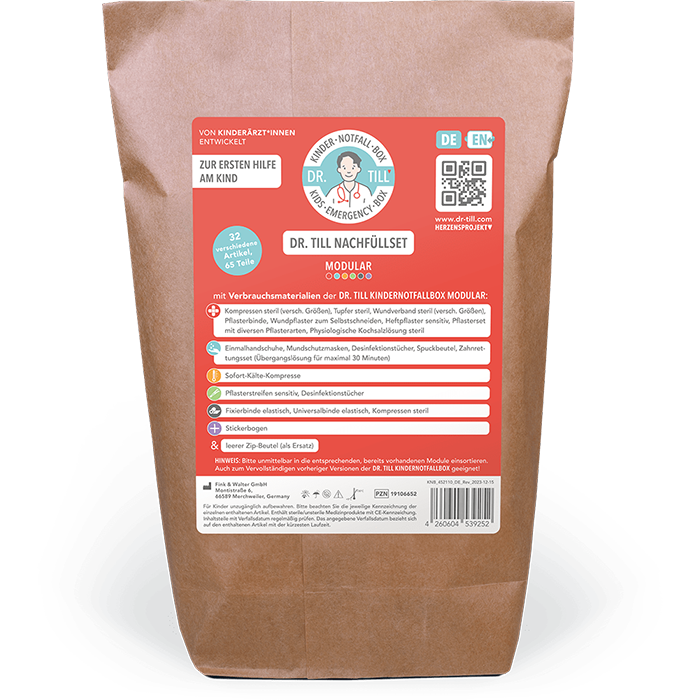 Das neue Nachfüllset – mit allen Verbrauchsmaterialien der Dr. Till Kindernotfallbox MODULAR.